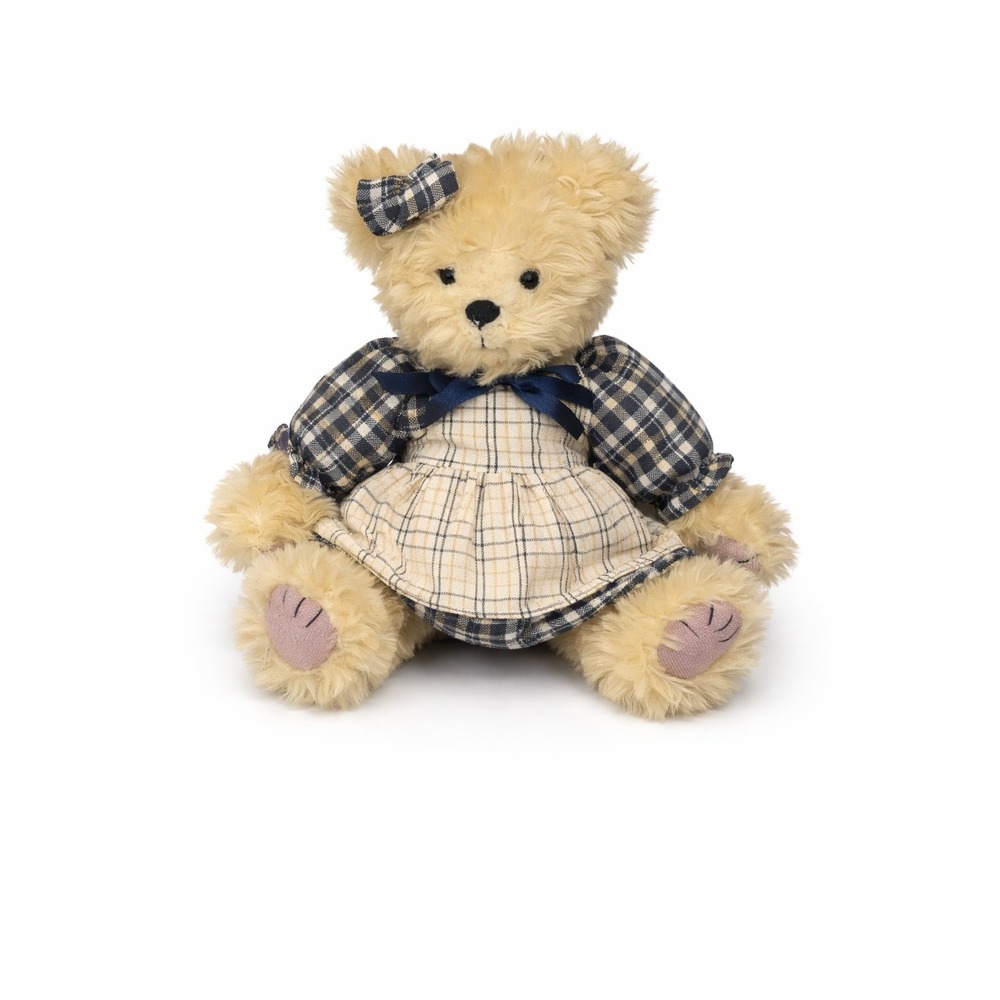 Vintage Small Teddy Bear Plush Plaid Dress Bow Cream‎ Stuffed Animal 8 In